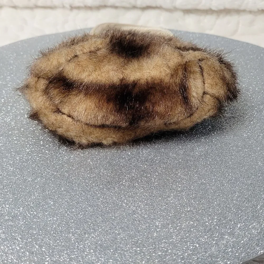 Brown Faux Fur Purse Drawstring Top Small Bag Satin Lined Rigid Handle Holiday